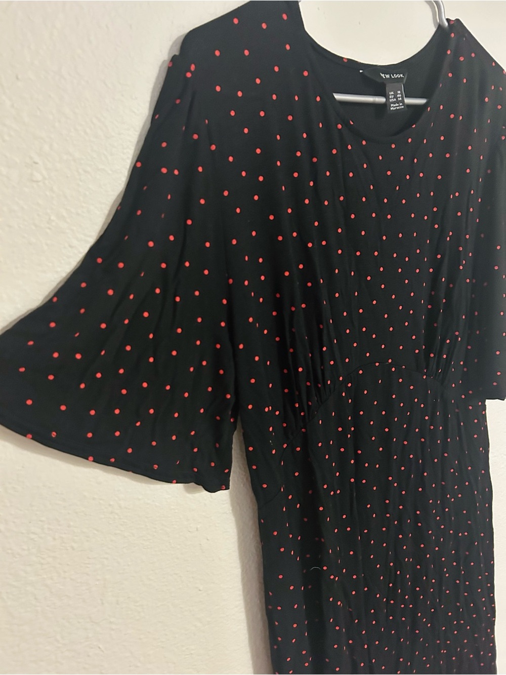 New Look Black Dress with Red Polka Dots and Flutter Sleeves